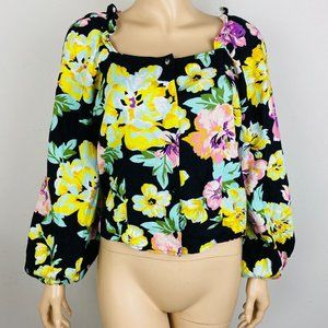 Who What Wear Vibrant Colored Floral Print Smocked Elastic Sleeve Women's L Top